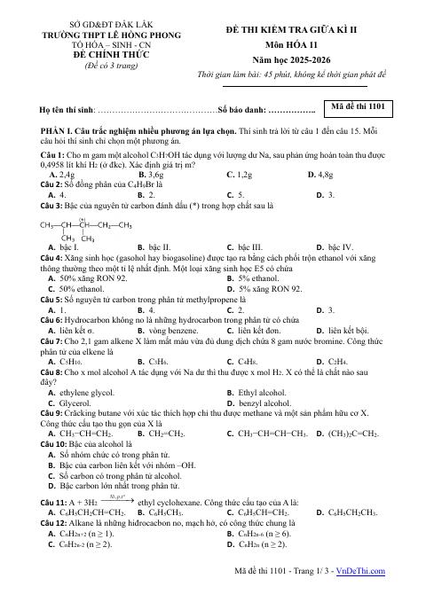Đề thi Giữa kì 2 Hóa học 11 năm 2025-2026 trường THPT Lê Hồng Phong (Đắk Lắk)